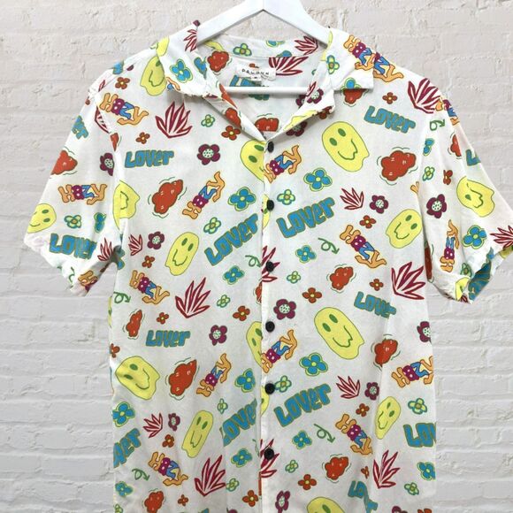 PacSun Smiley Face Button Shirt M Retro 70s Hippie Graphic Print - Picture 4 of 15